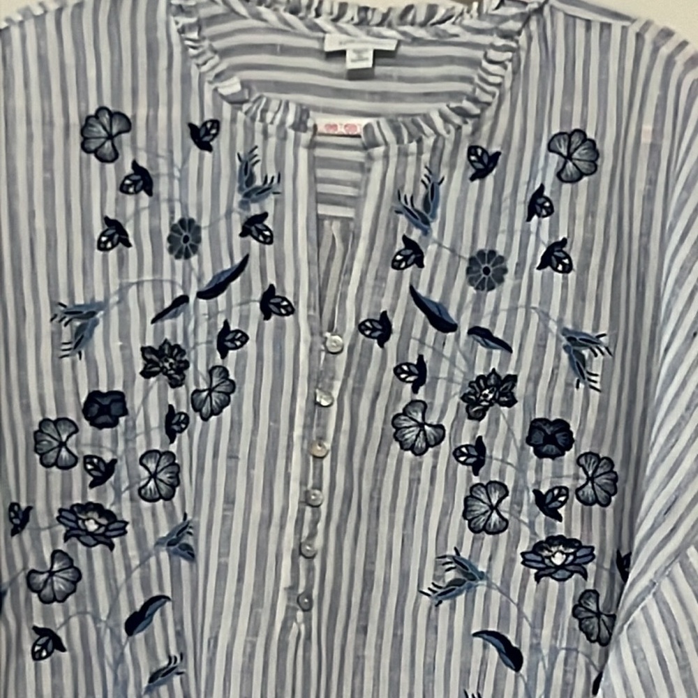 J. Jill Love Linen Blues Striped and Embroidered 3/4 Sleeve Blouse Size 3X - Picture 2 of 10